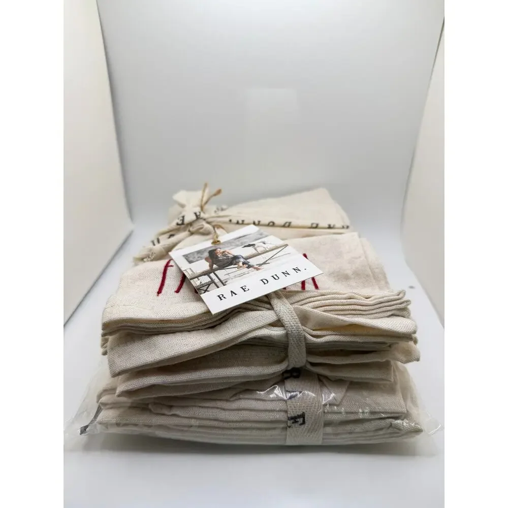 RAE DUNN Set of 8 Natural Cloth Assorted Holiday NAPKINS Red Green Embroidery